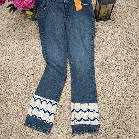 Upcycled handmade Denim - 2980 Size 18W Lee Riders No Gap Waistband Crochet Trim Flare Leg Jeans
